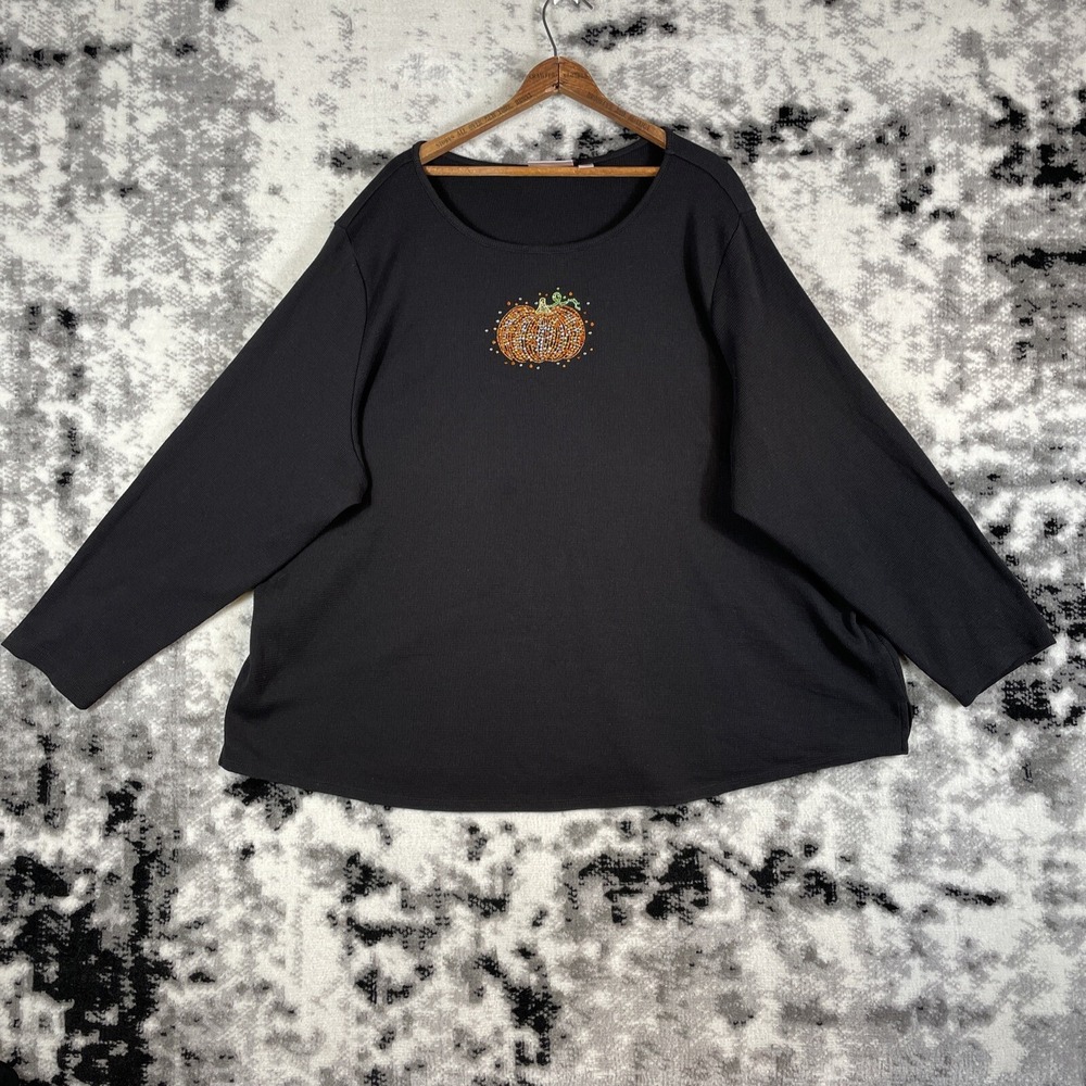 Quacker Factory Shirt Womens Size 3X Black Fall Pumpkin Thanksgiving Long Sleeve